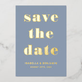 Modernes Dusty Blue Foto Save the Date Gold Folieneinladung (Vorderseite)
