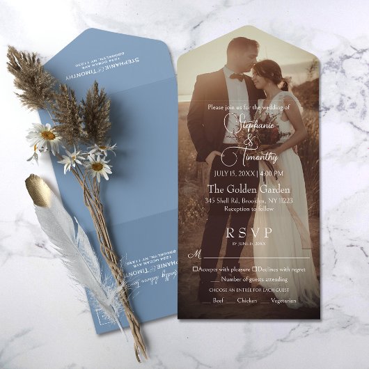 Modernes Dusty Blue Foto Wedding RSVP All In One Einladung