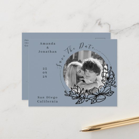 Modernes Dusty Blue Foto Wedding Save the Date Postkarte (Vorderseite/Rückseite Beispiel)