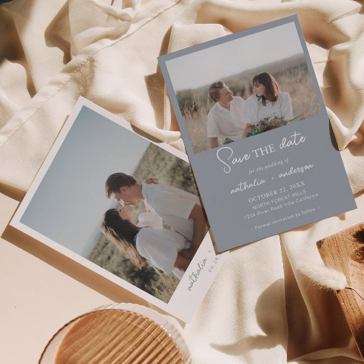 Modernes Dusty Blue Script Foto Save the Date Einladung