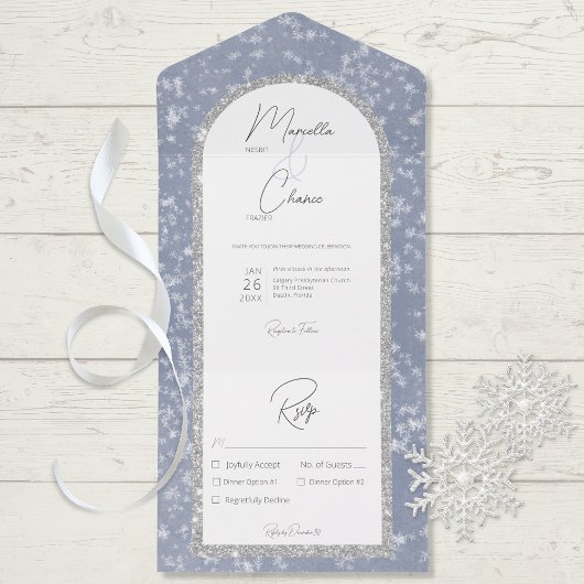 Modernes Dusty Blue & Silver Glitzer Snow Dinner All In One Einladung