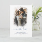 Modernes Dusty Blue Wedding Foto Save the Date (Stehend Vorderseite)