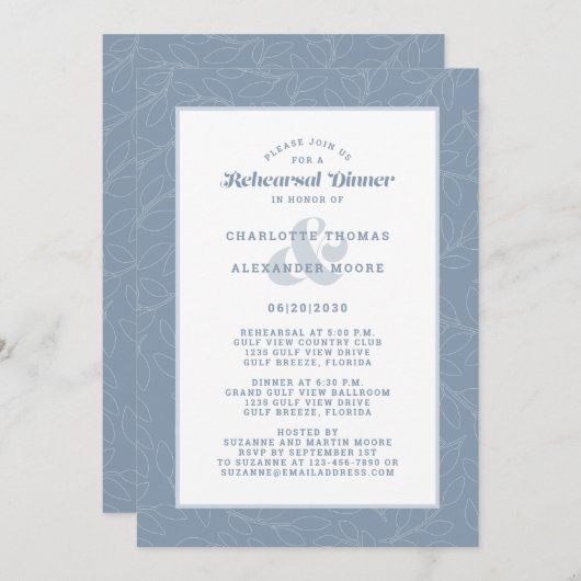 Modernes Dusty Blue White Wedding Probe Dinner Einladung (Vorne/Hinten)