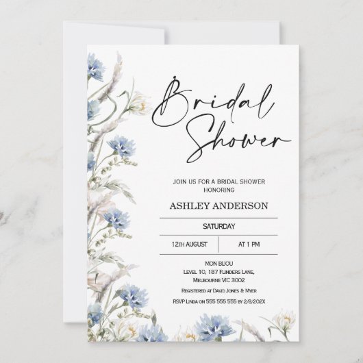 Modernes Dusty Blue Wildblumen Brautparty Einladung (Vorderseite)