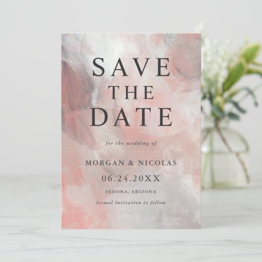 Modernes Dusty Coral Abstrakt Foto Save the Date (Stehend Vorderseite)