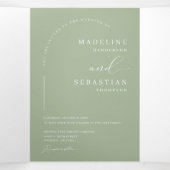 Modernes Dusty Green Boho Arch Foto QR Code Weddin Dreifach Gefaltete Einladung (Innenseite Mitte)