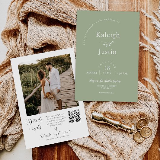 Modernes Dusty Green Boho Wedding Foto QR Code UAW Einladung