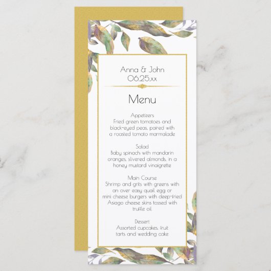 Modernes Dusty Lila Sage Green Gold Blätter Menü2 Menükarte (Vorne/Hinten)