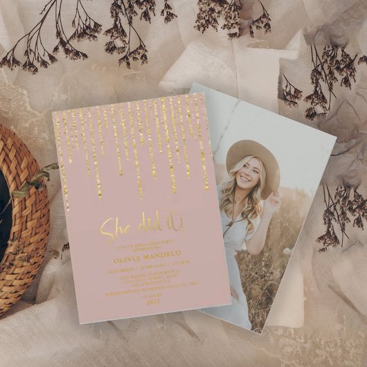 Modernes Dusty Rose Gold Glitzer Grad Party Foto Einladung