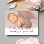 Modernes Dusty Rose Script Baby Girl Foto Birth Ankündigung<br><div class="desc">Einfache und süße Foto Geburtsankündigung Karte führt Ihr wunderschönes Neugeborenes mit einem landschaftlichen Feature Foto auf der Vorderseite und ein Bonus quadratisches Foto auf der Rückseite ein. Personalisieren Sie das moderne handgeschriebene Skript mit dem vollen Namen des Babys und passen Sie den weichen schwarzen Text mit allen wichtigen Geburtsstatistiken an....</div>