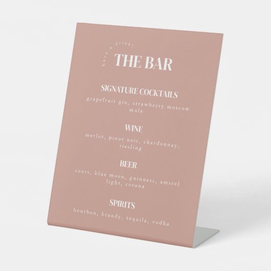 Modernes Dusty Rose Wedding Bar Menu Sockelschild (Vorderseite)