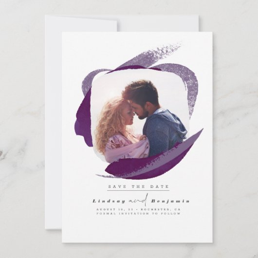 Modernes Eggplant Lila Save the Date Foto (Vorderseite)