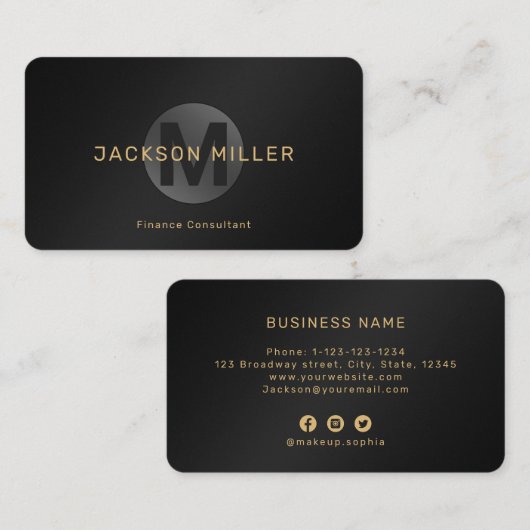 Modernes Einfach-Schwarz-Gold-Monogramm Beruflich Visitenkarte (Vorne/Hinten)