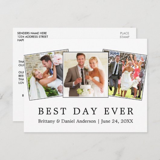 Modernes, einfaches Best Day Ever Wedding 3 Foto Postkarte (Vorne/Hinten)
