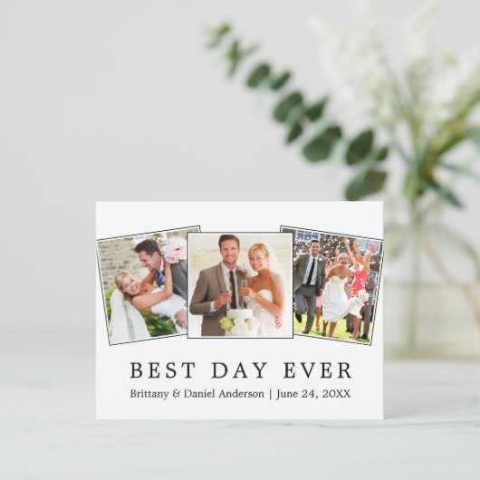 Modernes, einfaches Best Day Ever Wedding 3 Foto Postkarte (Stehend Vorderseite)