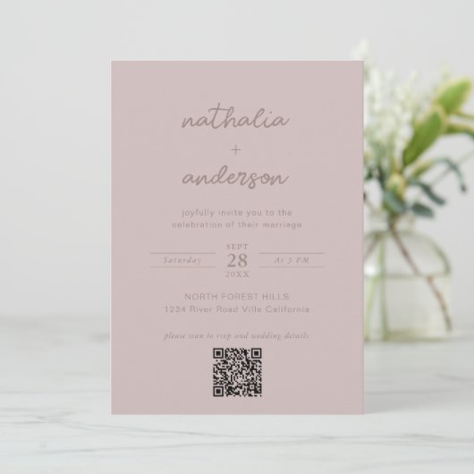 Modernes einfaches Blush Script Foto QR Code Hochz Einladung (Stehend Vorderseite)