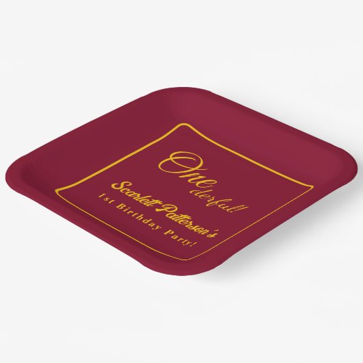 Modernes, einfaches Burgund und Gold Chic 1. Gebur Pappteller (Gewinkelt)