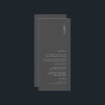 Modernes, einfaches, dunkelgraues Hochzeitmenü Menükarte<br><div class="desc">Das moderne,  dunkelgraue Hochzeitsmenü wird Ihrer Hochzeitsfeier eine Touch Eleganz verleihen. Rost- und Wüstenfarben werden für die Hochzeit im Herbst großartig sein. Alle Texte sind editierbar,  klicken Sie einfach auf 'Diese Vorlage personalisieren'. Es stehen auch passende Artikel wie das Einladungs-Angebot für Hochzeiten zur Verfügung.</div>