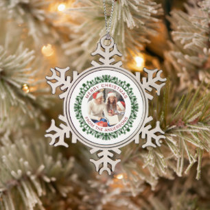Modernes, einfaches Foto für Weihnachtskranke Schneeflocken Zinn-Ornament