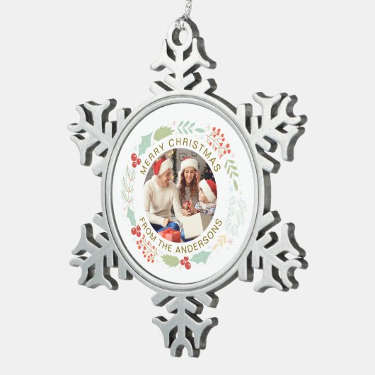 Modernes, einfaches Foto für Weihnachtskranke Schneeflocken Zinn-Ornament (Rechts)