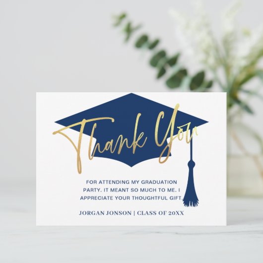 Modernes einfaches FOTO Golden Navy Abschluss Dankeskarte (Stehend Vorderseite)