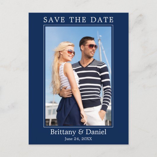Modernes einfaches Foto Save the Date Navy Blue Postkarte (Vorderseite)