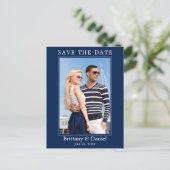 Modernes einfaches Foto Save the Date Navy Blue Postkarte (Stehend Vorderseite)