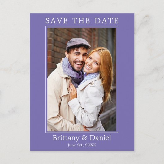 Modernes einfaches Foto Save the Date Periwinkle Postkarte (Vorderseite)