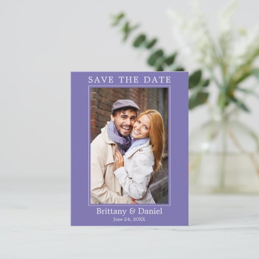 Modernes einfaches Foto Save the Date Periwinkle Postkarte (Stehend Vorderseite)