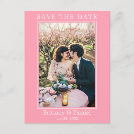Modernes einfaches Foto Save the Date rosa Postkarte (Vorderseite)