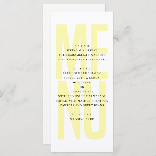 Modernes, einfaches, gelbes Typografie-Hochzeitses Menükarte (Vorne/Hinten)