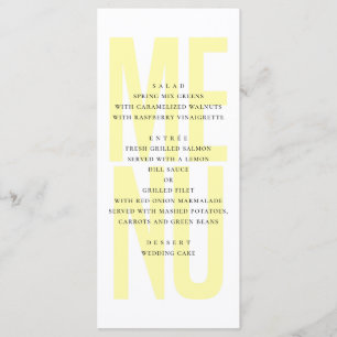 Modernes, einfaches, gelbes Typografie-Hochzeitses Menükarte