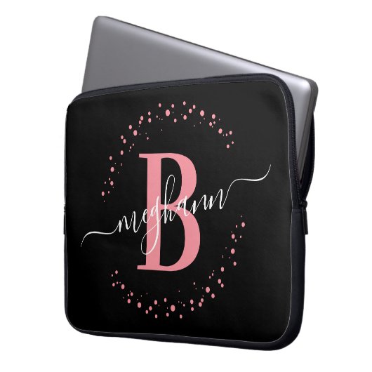 Modernes, einfaches Girl-Pink-Schwarz-Monogramm-Sk Laptopschutzhülle (Vorderseite Links)