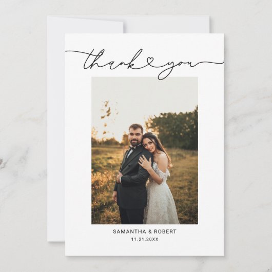 Modernes einfaches Herz-Script-Hochzeitsskript-Fot Dankeskarte (Vorderseite)