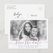 Modernes, einfaches lila Skript-Foto Save the Date Postkarte (Vorne/Hinten)