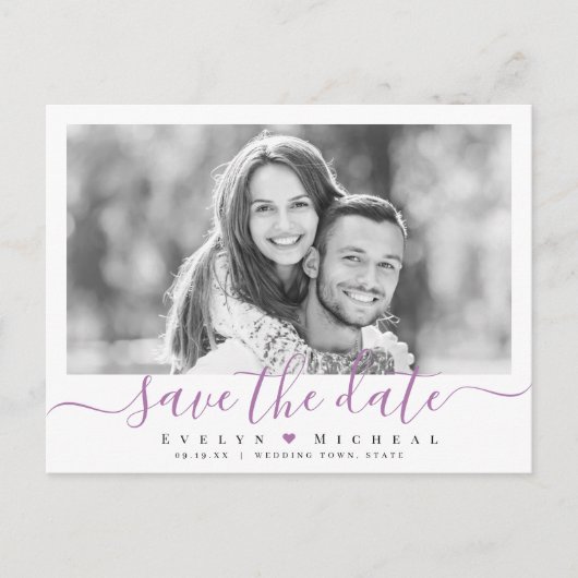 Modernes, einfaches lila Skript-Foto Save the Date Postkarte (Vorderseite)