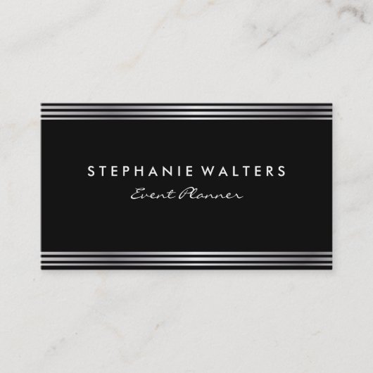 Modernes, einfaches Metallisches Silber und Schwar Visitenkarte (Vorderseite)