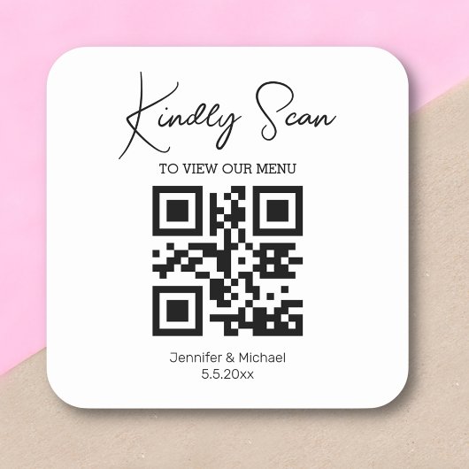 modernes einfaches Minimal-QR-Hochzeitsmenü Quadratischer Aufkleber