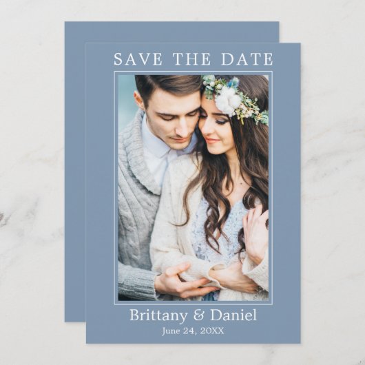 Modernes, einfaches Minimalistisches Foto Dusty Bl Save The Date (Vorne/Hinten)