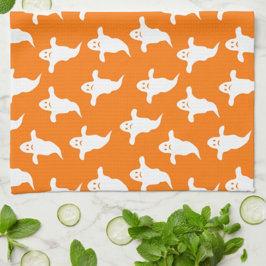 Modernes, einfaches Orange und weiße Geister Hallo Geschirrtuch (Gefaltet)