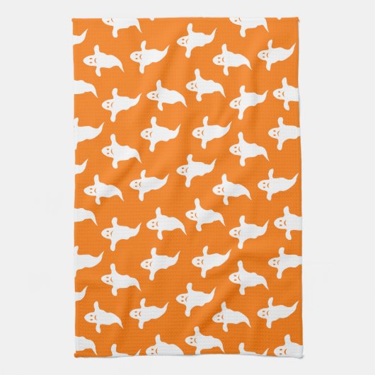 Modernes, einfaches Orange und weiße Geister Hallo Geschirrtuch (Vertikal)