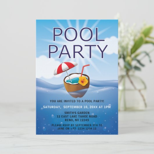 Modernes einfaches Pool-Party Einladung (Stehend Vorderseite)