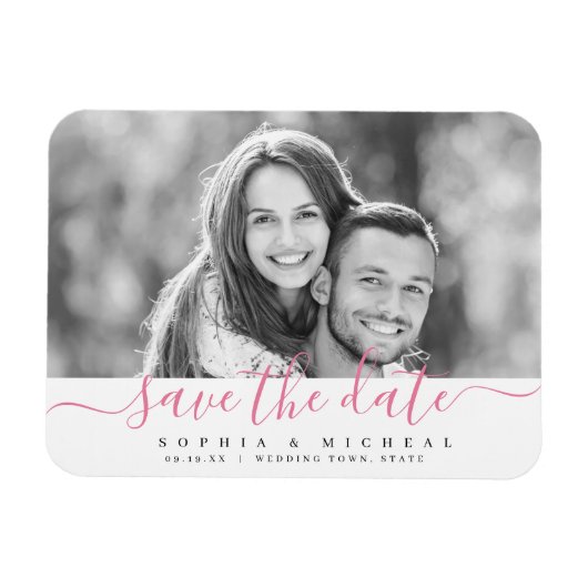 Modernes, einfaches rosa Skript-Foto Save the Date Magnet (Horizontal)