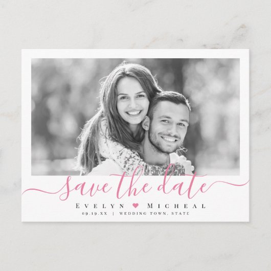 Modernes, einfaches rosa Skript-Foto Save the Date Postkarte (Vorderseite)