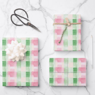 Modernes, einfaches Rosa und grünes Wasser Kariert Geschenkpapier Set