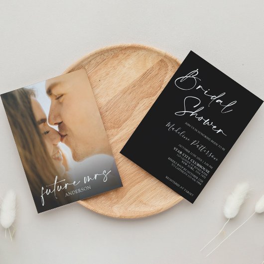 Modernes Einfaches Schwarz mit Foto-Brautparty Einladung