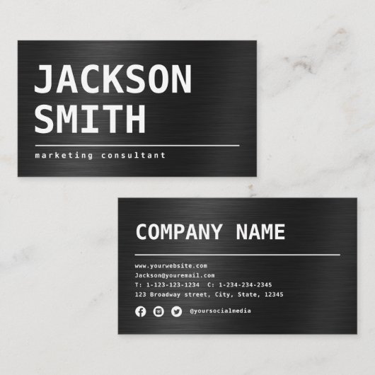 Modernes, einfaches Schwarzes Metal beruflich Visitenkarte (Vorne/Hinten)