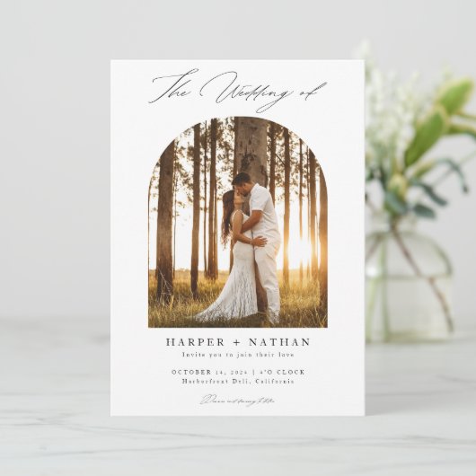 Modernes einfaches Script Qr Code Arch Foto Hochze Einladung (Stehend Vorderseite)