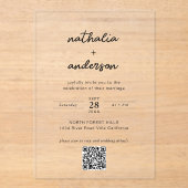Modernes einfaches Script QR Code Hochzeitsskripte Acryleinladungen (Vorderseite)
