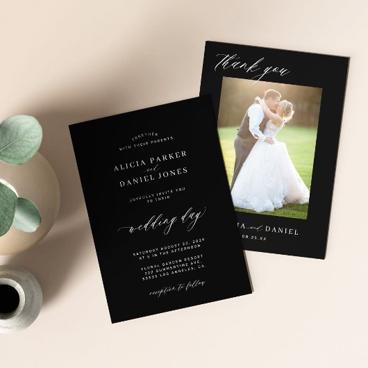 Modernes, einfaches Skript 2 Fotos Schwarze Hochze Dankeskarte